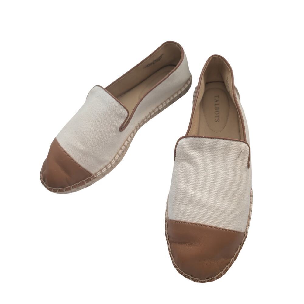 TALBOTS! CREAM CANVAS & BROWN LEATHER ESPADRILLE STYLE FLATS, LOAFERS! SIZE 9M